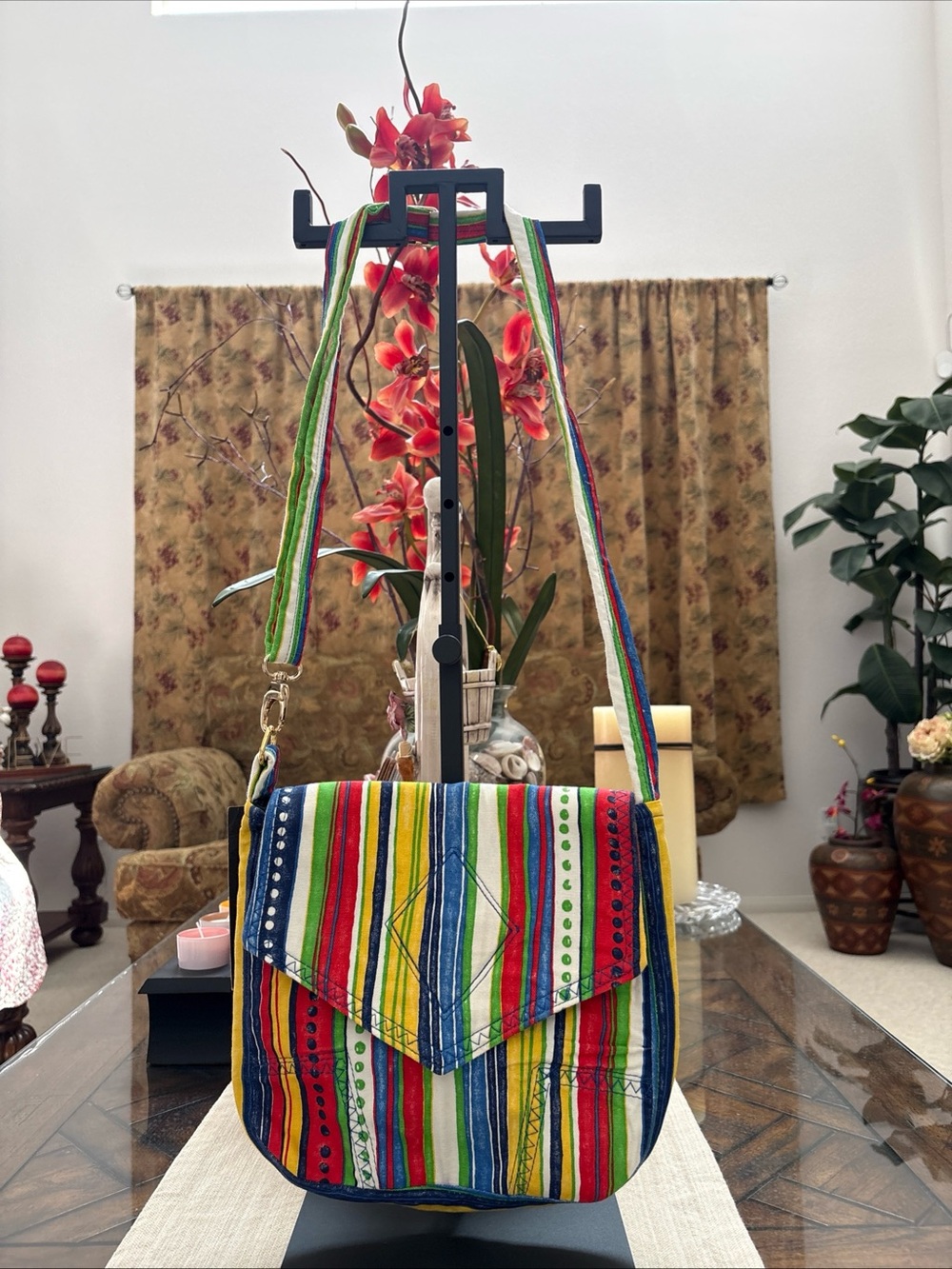 Colorful Striped Crossbody Shoulder Bag Durable Fabric - Multicolor boho flare